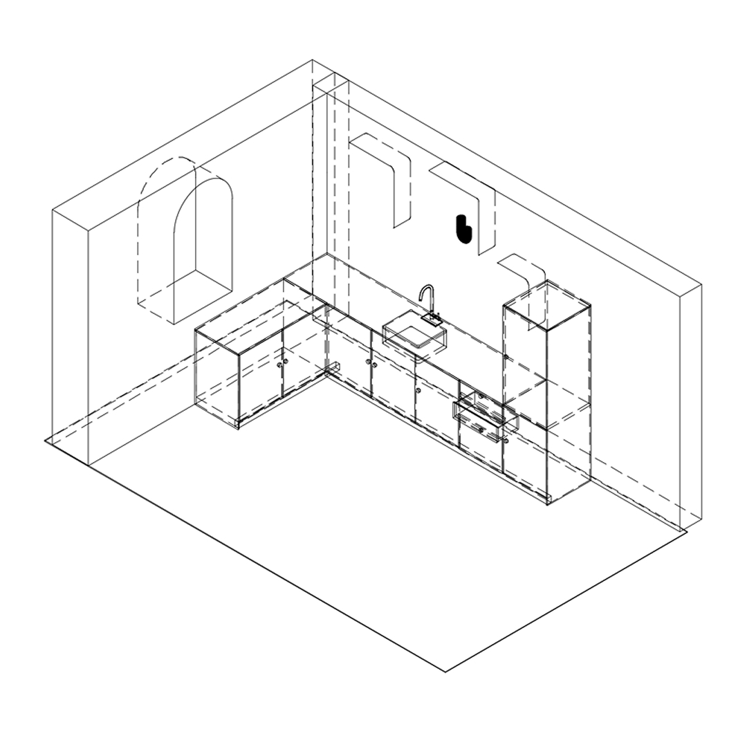 CAD line drawing of a kitchen fitout