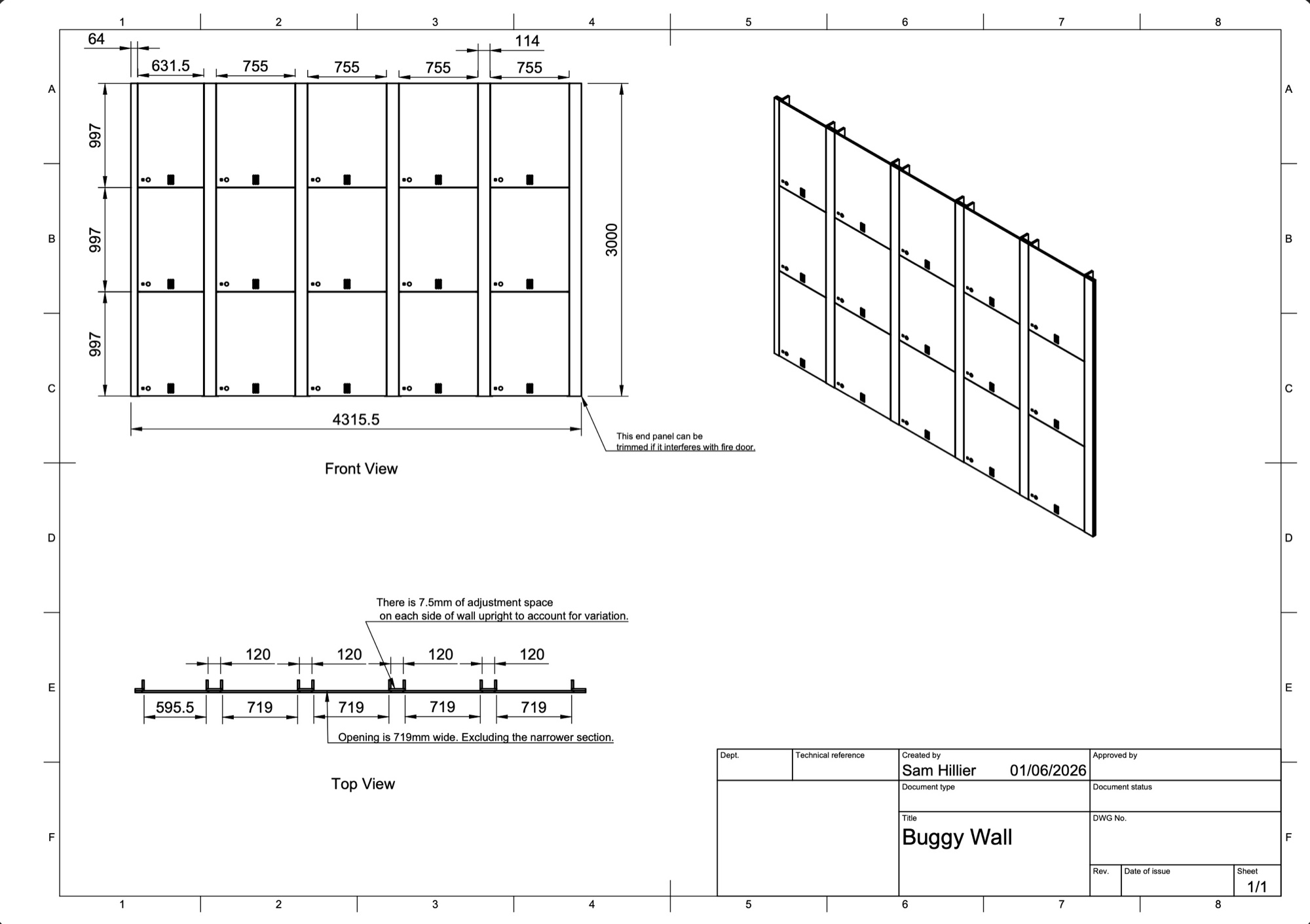 Technical drawing — buggy storage wall (front, top and isometric views)