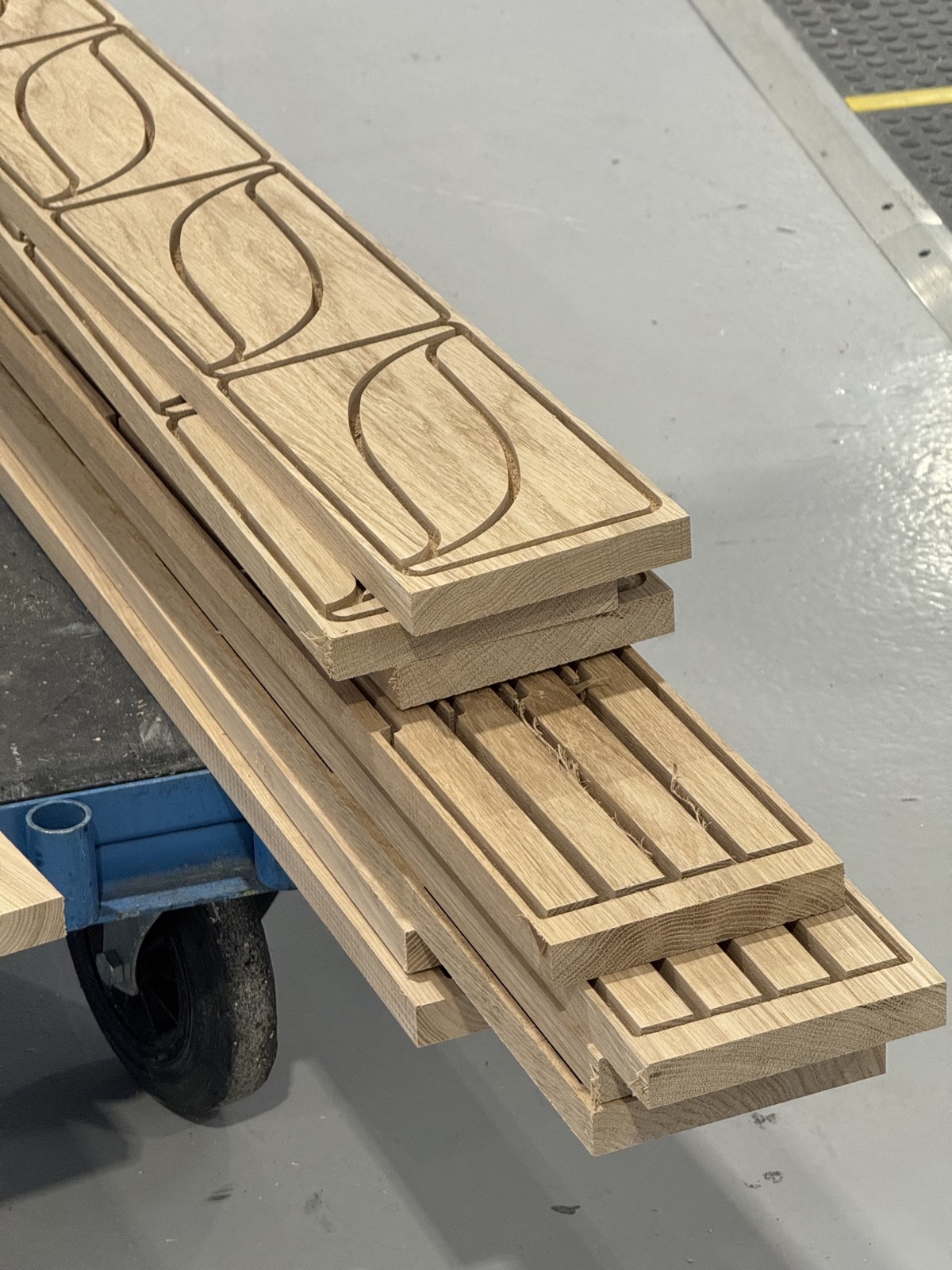 Routed oak shelving components, CNC-cut